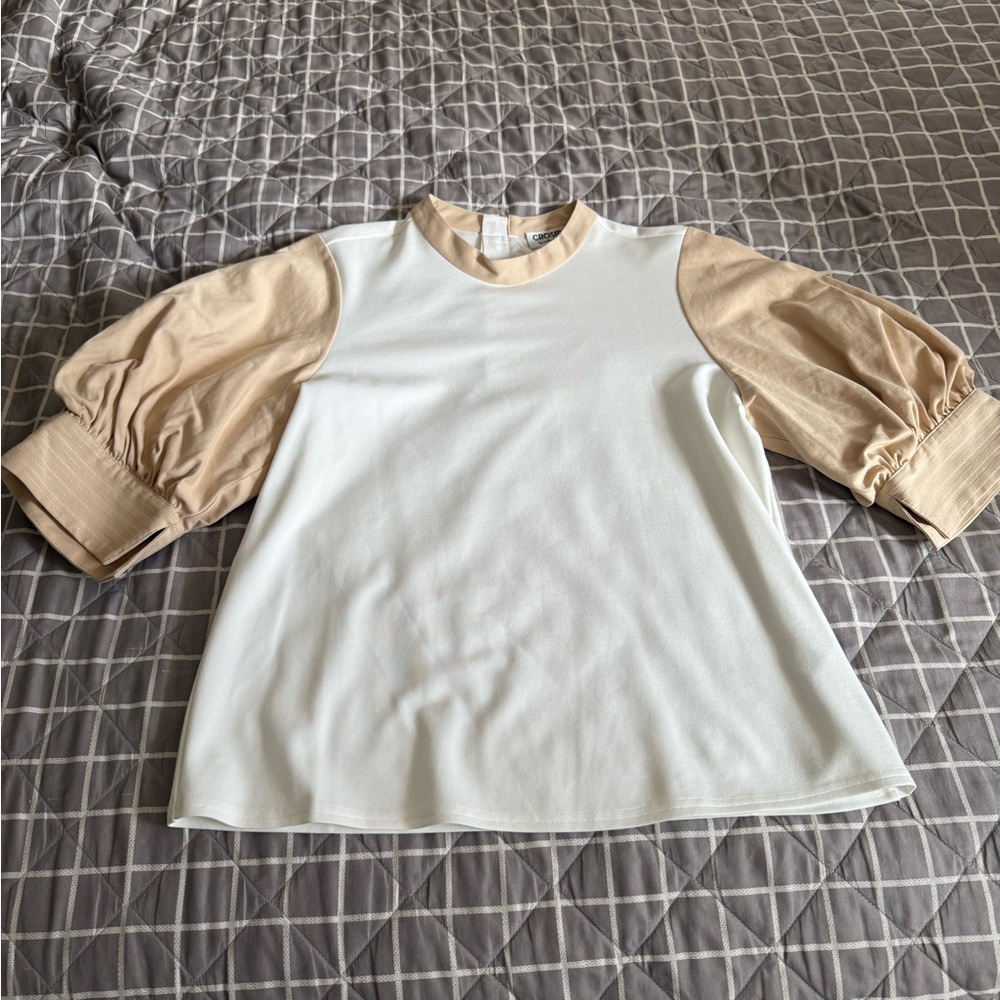 CROSBY by Mollie Burch White and Tan Puff Sleeve Blouse
